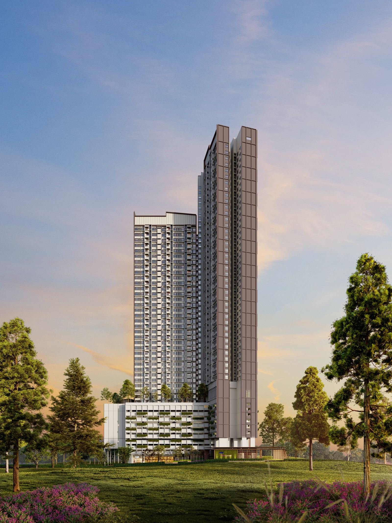 Queenswoodz Bukit Jalil Block A and Block B at dusk, artist's impression