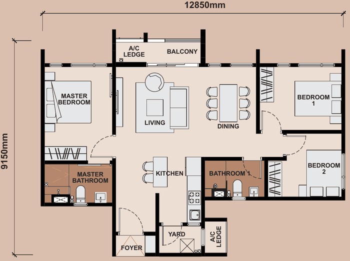Queenswoodz Bukit Jalil Type B1 floor plan, 936 sq ft, 3 bedrooms, 2 bathrooms