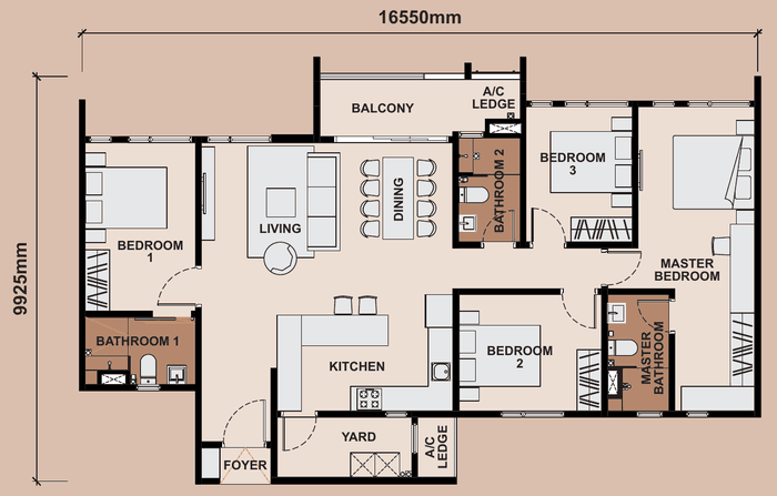 Queenswoodz Bukit Jalil Type D1 floor plan, 1,410 sq ft, 4 bedrooms, 3 bathrooms
