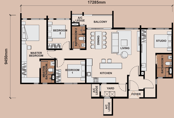 Queenswoodz Bukit Jalil Type D2 (dual key) floor plan, 1,410 sq ft, 3+1 bedrooms, 3 bathrooms