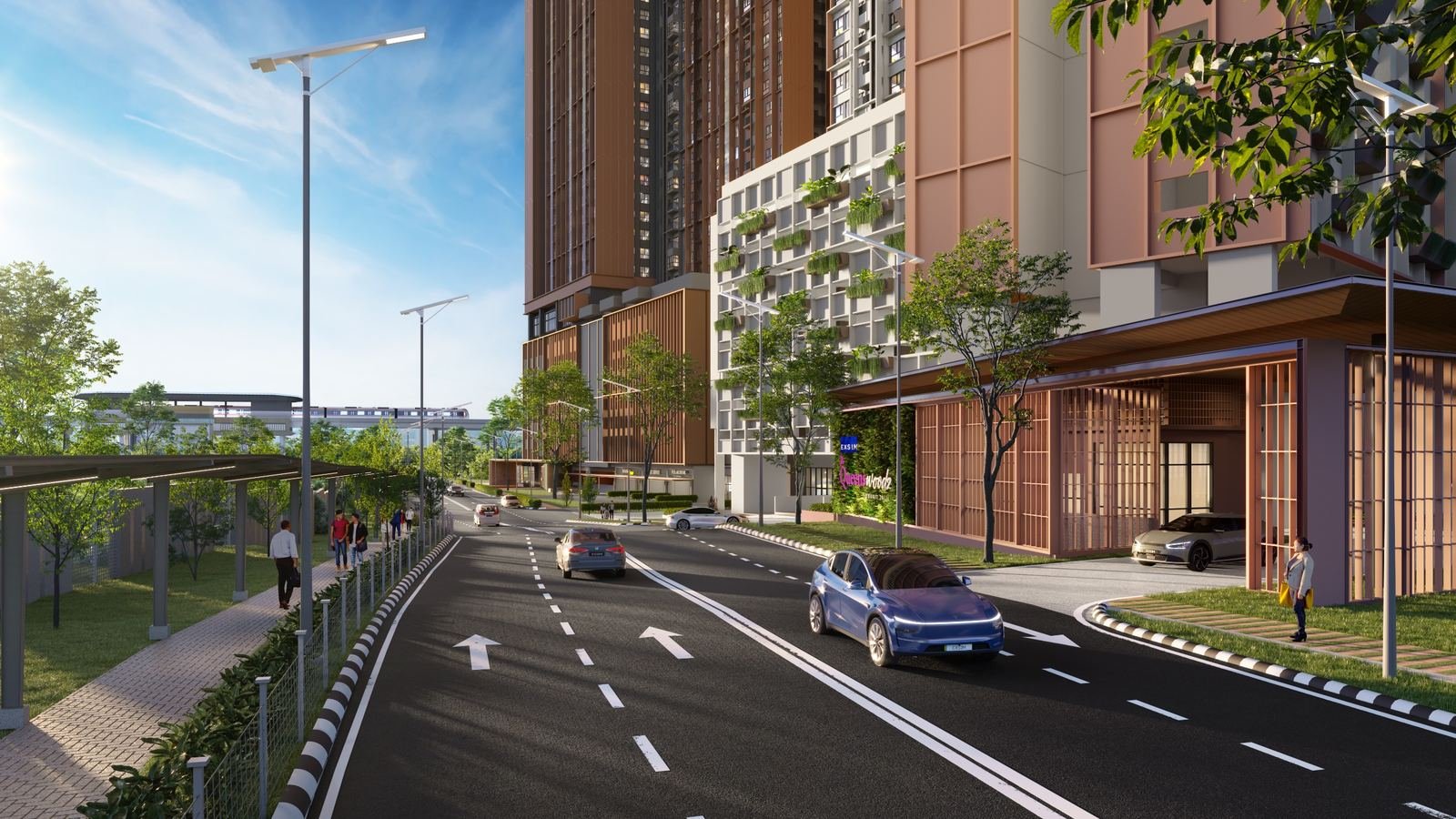 Queenswoodz Bukit Jalil Grand Arrival drop-off with the elevated LRT line in the background, artist's impression