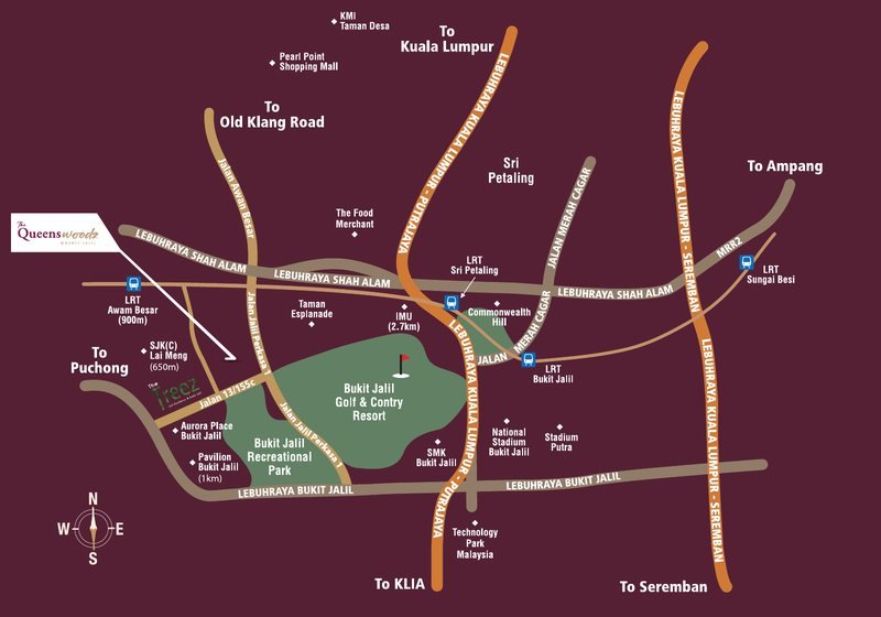 Queenswoodz Bukit Jalil location map showing LRT Awan Besar, Bukit Jalil Golf and Country Resort, Bukit Jalil Recreational Park, Pavilion Bukit Jalil and nearby highways
